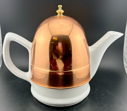 Vintage White Ceramic Teapot with Copper Insulated Cozy Cover