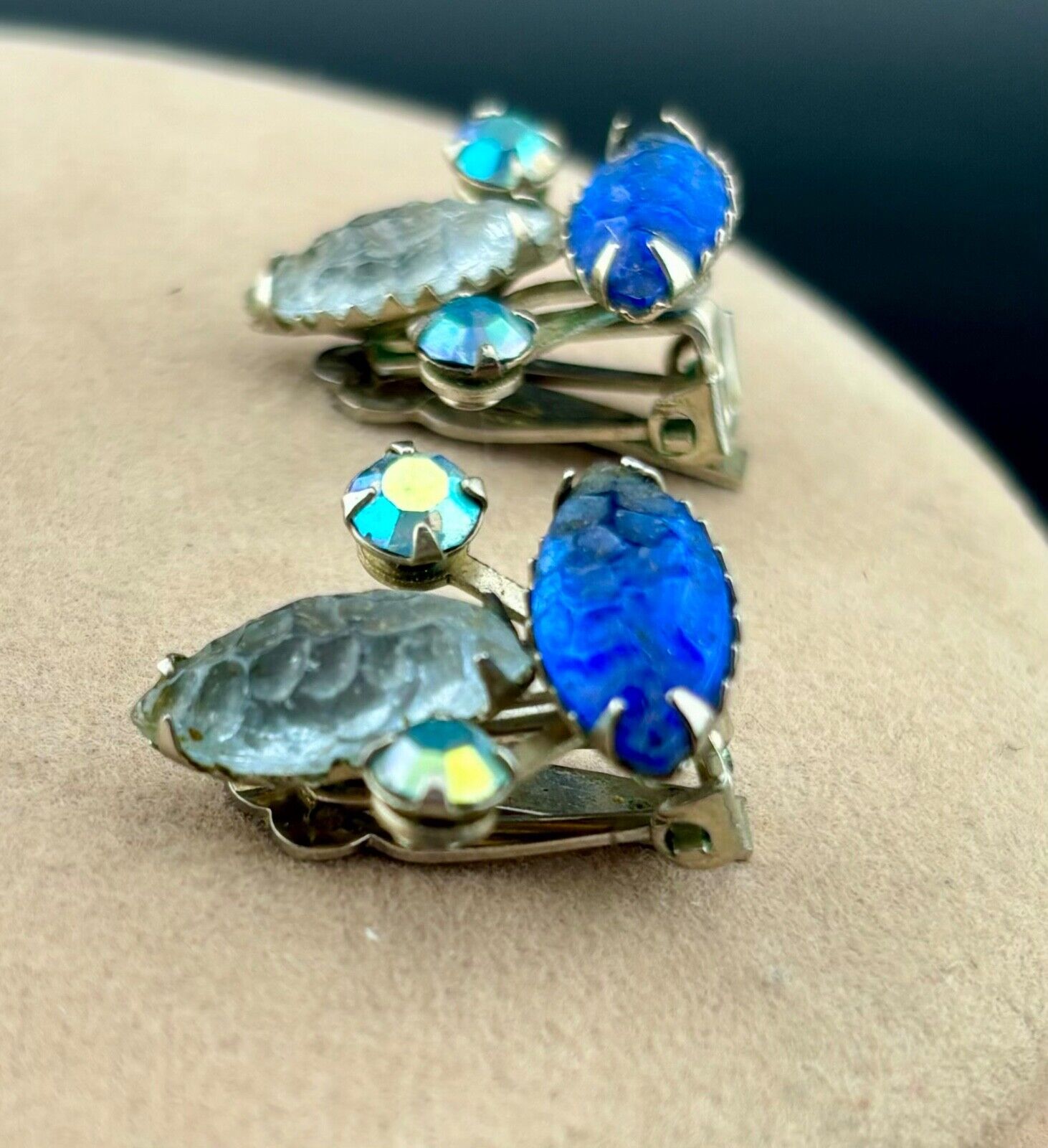 Vintage Fruit Salad Blue Tone Rhinestone Clip-On Earrings NK