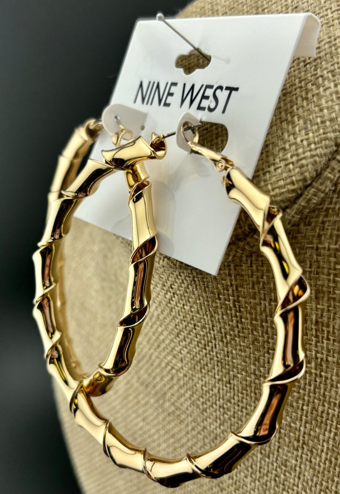 3" Gold-Tone Twisted Metal Nine West Hoop Earrings New