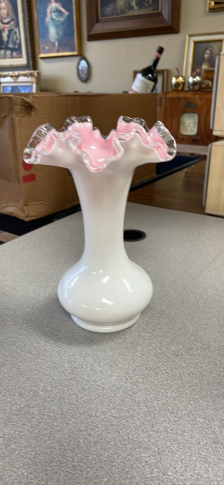 Vintage Fenton?silvercrest Glass Vase Cased Pink White with Ruffled