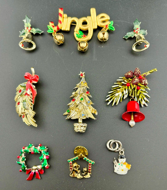 Nine Vintage Christmas Brooches/Pins/Charms JJ/Art NK
