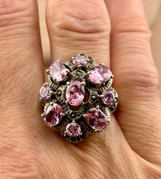 Vintage Pink CZ and Marcasite Bold Statement Ring Silver-Tone Sz. 7