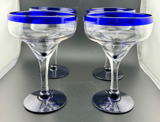Blue and Clear Mexican Made Margarita Glasses Set of 4