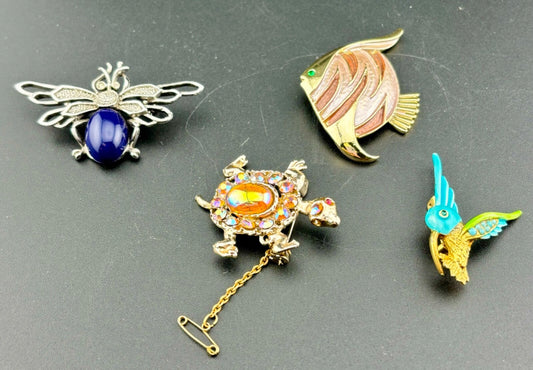 Lot of Four Vintage Animal/Insect Brooches Rhinestone and Enamel NK