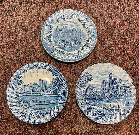 Three Vintage Blue Transfer Ware Plates Bursley and Wood & Sons England