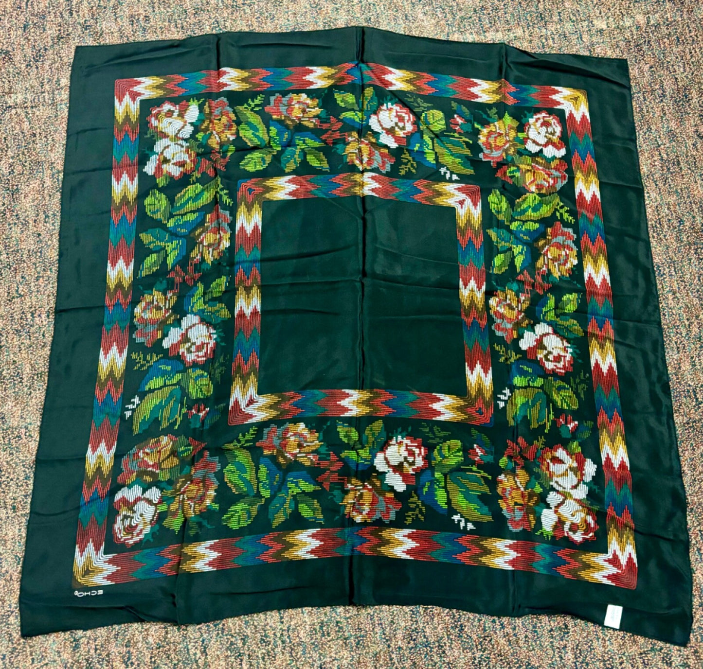 echo silk scarf black with flowers 34" square