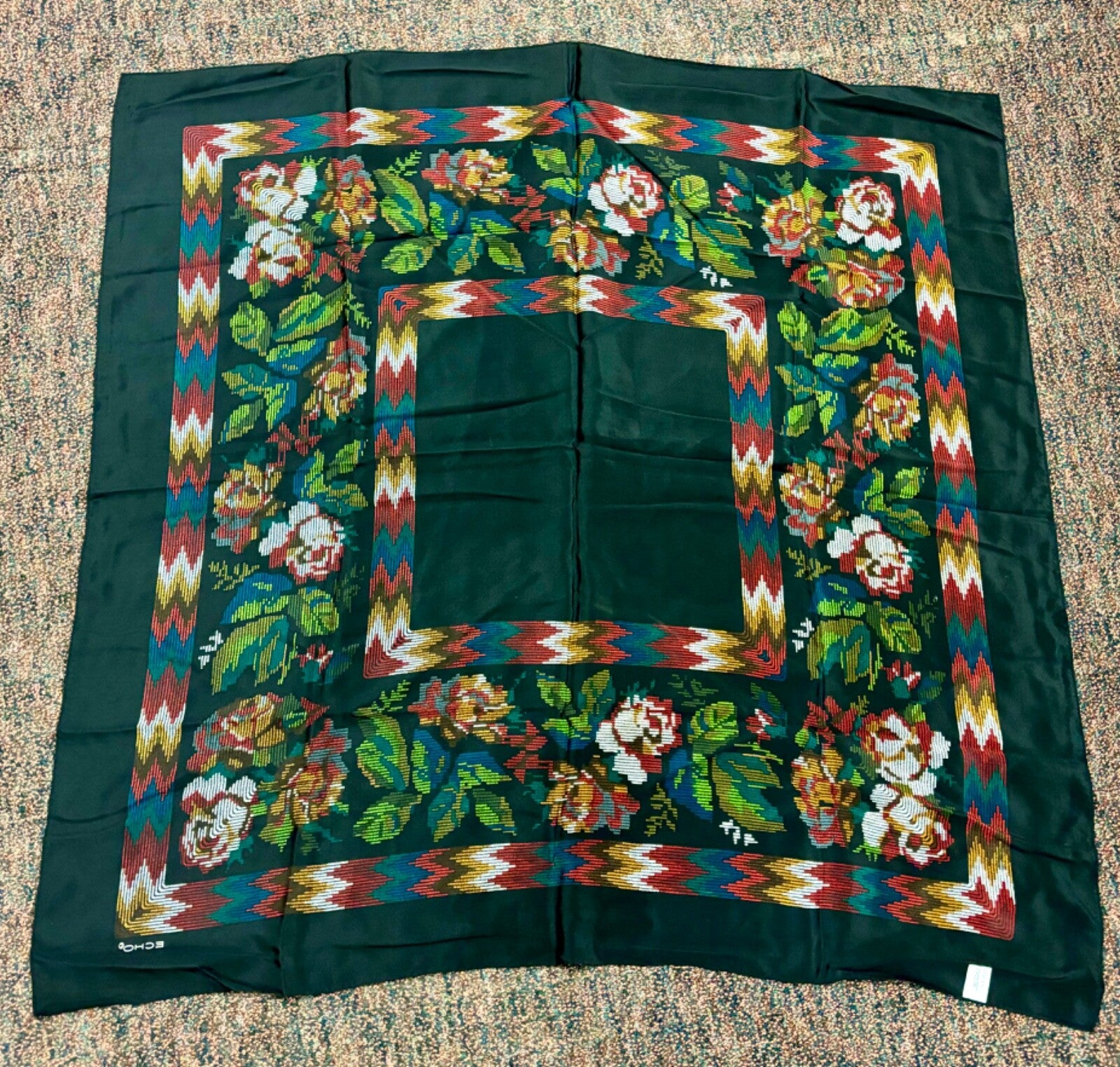 echo silk scarf black with flowers 34" square
