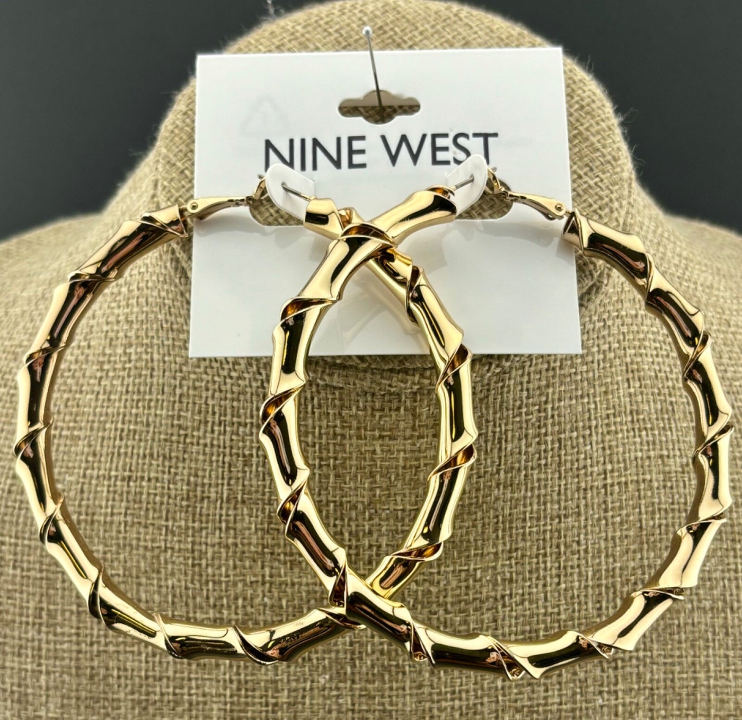 3" Gold-Tone Twisted Metal Nine West Hoop Earrings New