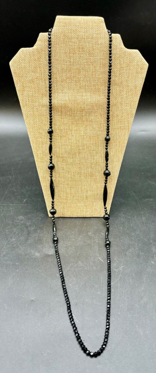 Vintage Black Glass Bead Necklace 44" Flapper Style Continuous Strand