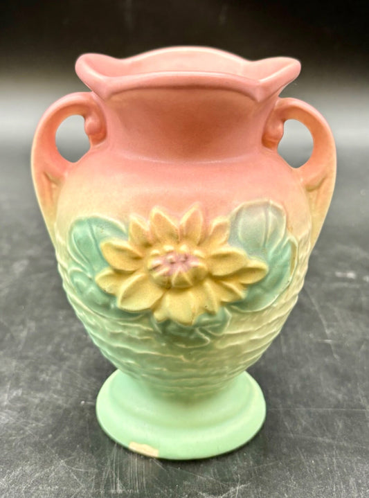 Vintage HULL Art Pottery USA Water Lily -5 1/2" Double Handled Footed Vase