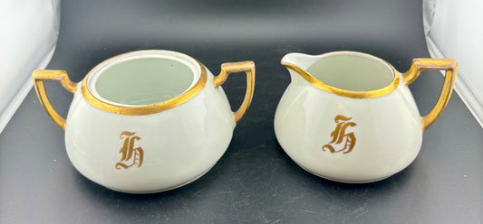 BAVARIA Monogrammed Letter Gold Rimmed White Open Cream and Sugar 1917