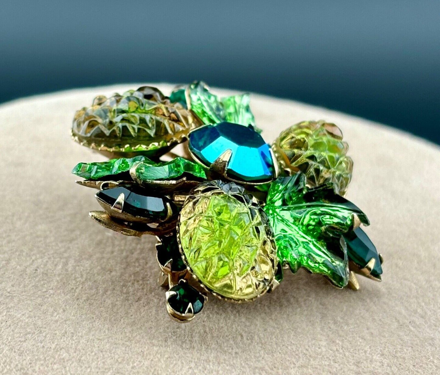 Vintage Blue/Green Fruit Salad Rhinestone Brooch NK