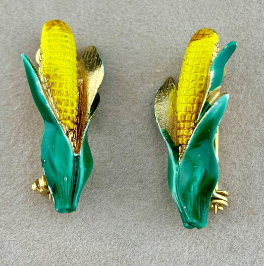 Enameled Corn Cob Brooches/Pins Pair Vintage