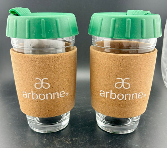 LOT OF 2 ARBONNE GLASS HOT/COLD TRAVEL TUMBLERS w/SILICONE LID & CORK KOOZIE