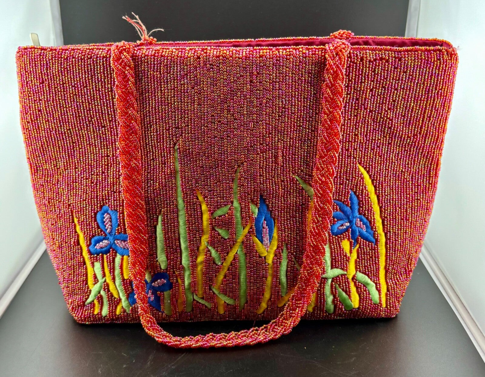 Large Beaded & Embroidered Iris  Handbag  Purse W Zipper Pocket Inside.