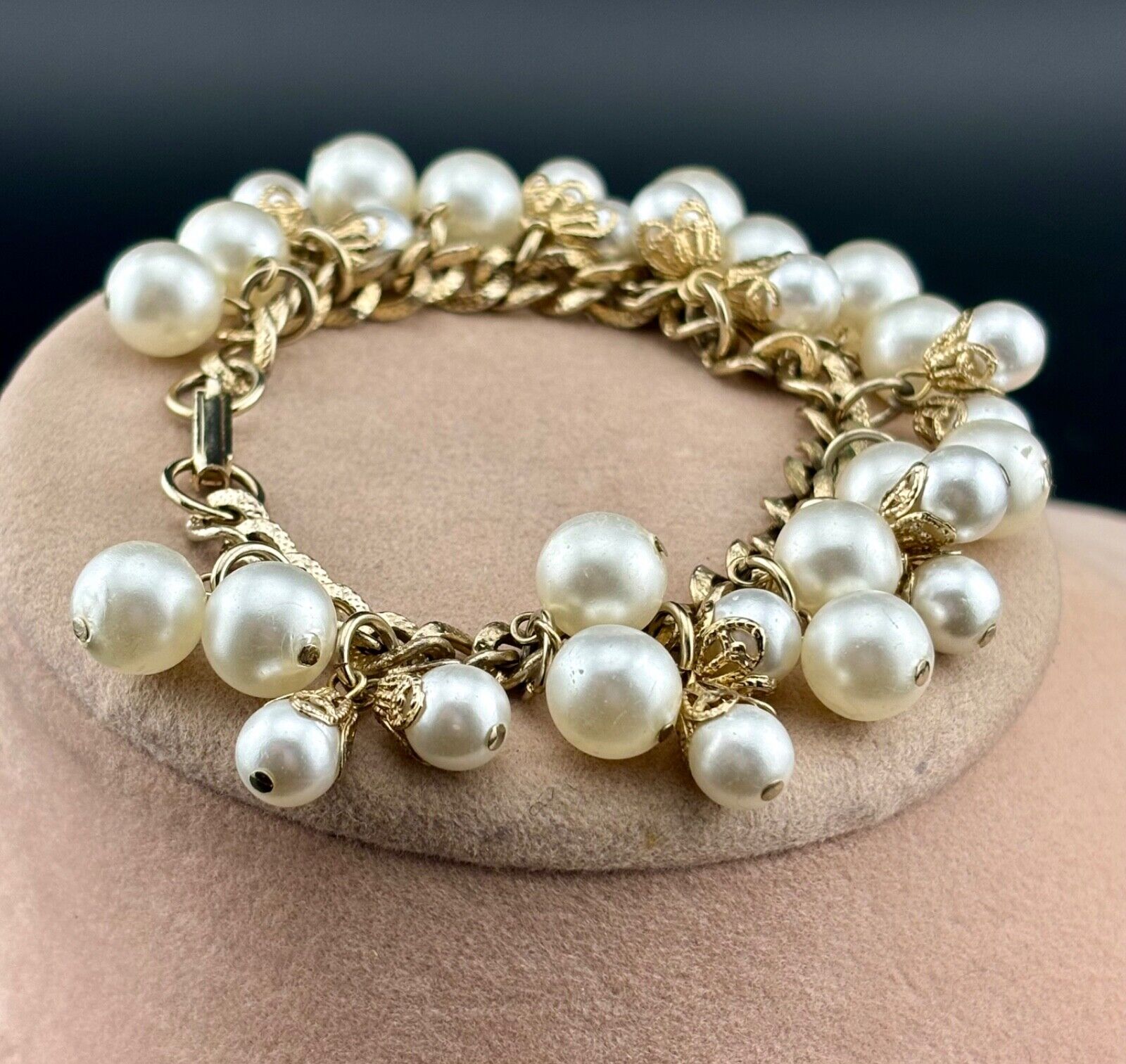 Vintage Dangle White Faux Pearl Cluster Links  Gold Tone Bracelet NK