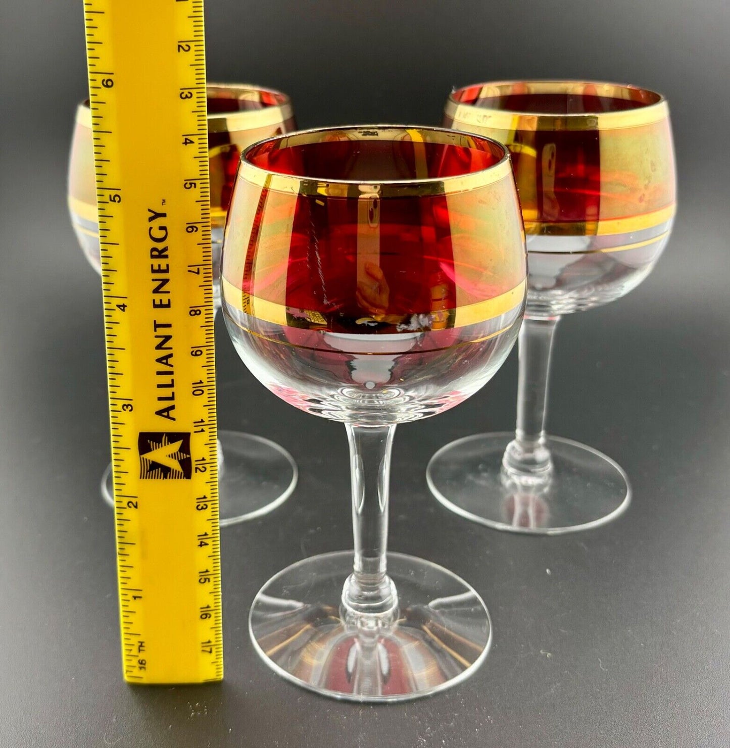 Set of Three Vintage Gold and Ruby Flash Wine Glasses/Goblets