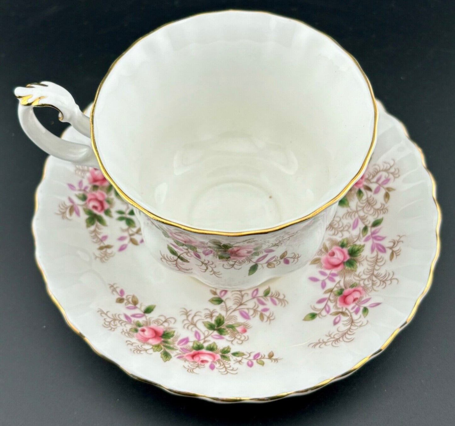 ROYAL ALBERT RIBBED TEA CUP AND SAUCER - "LAVENDER ROSE" MADE IN ENGLAND