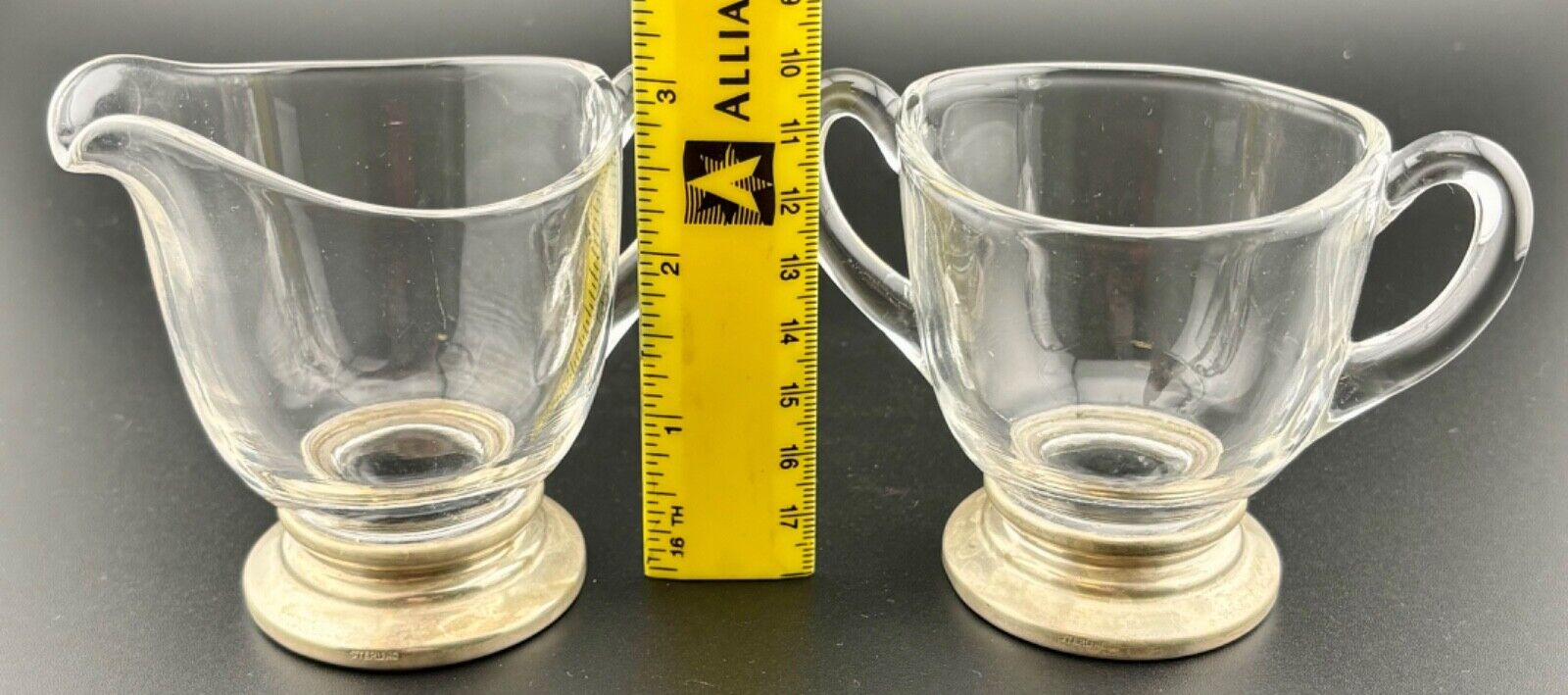 Vintage Small Sterling Silver Base Glass Open Sugar & Creamer