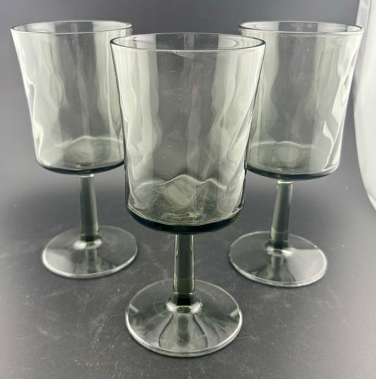 Vintage Libbey Smoke Gray Optic Swirl Goblets(3)