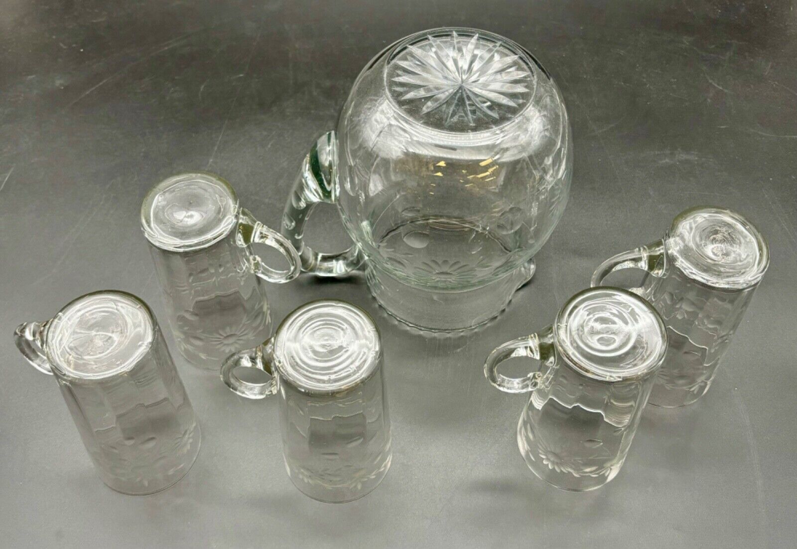 Antique Etched Clear Glass Pitcher and Glasses Set(6 pieces)