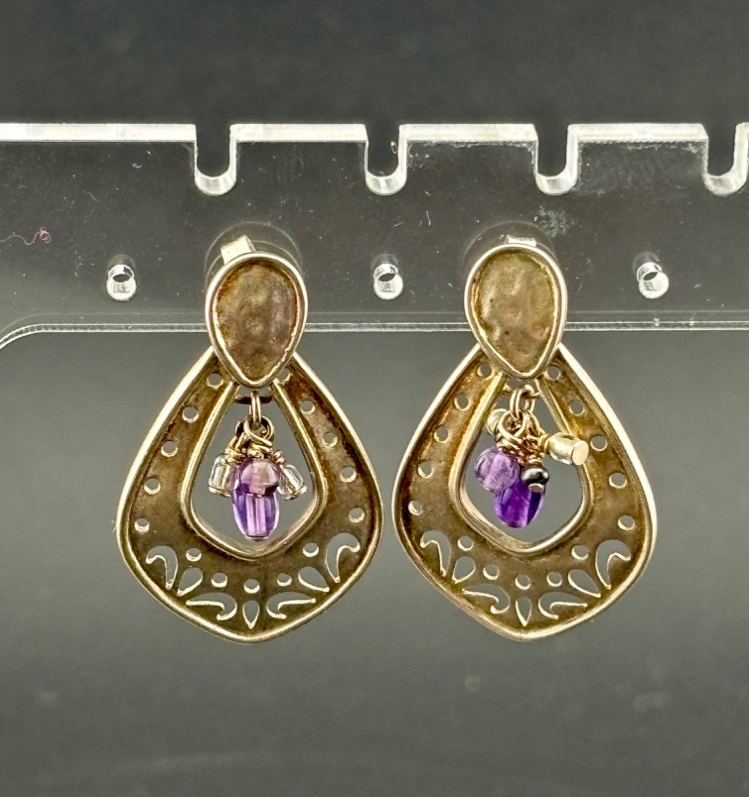 SILPADA Sterling Silver Cut Out AMETHYST Beaded Post Earrings~Retired.