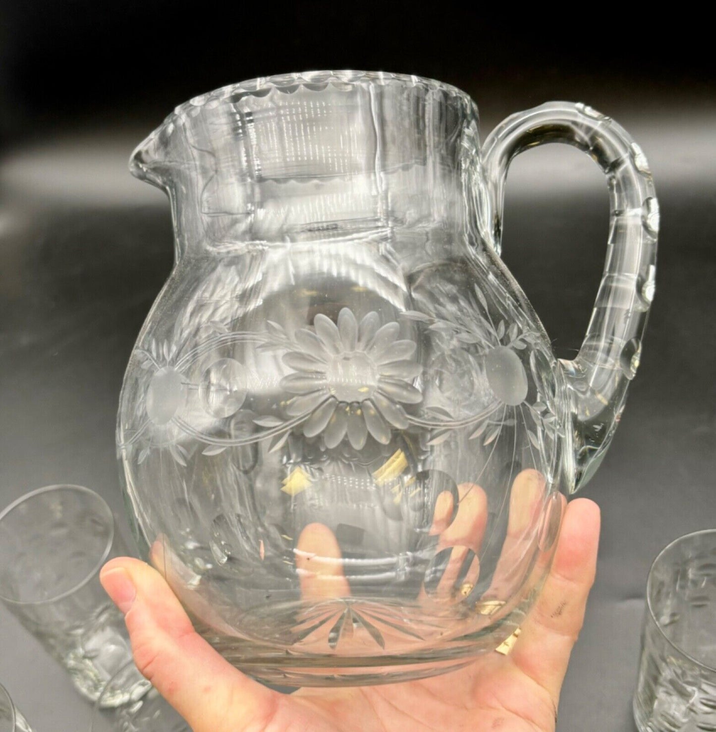 Antique Etched Clear Glass Pitcher and Glasses Set(6 pieces)