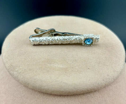 Vintage Swank Silver-Tone Brutalist Tie Clip Aqua Rhinestone