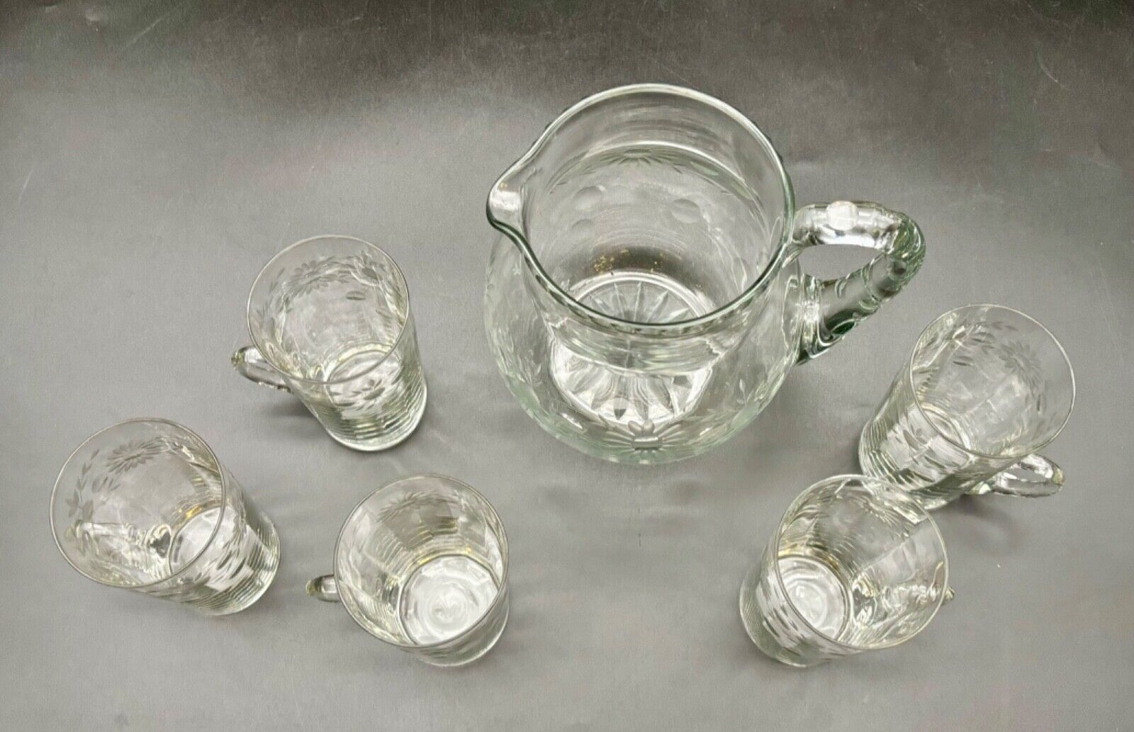 Antique Etched Clear Glass Pitcher and Glasses Set(6 pieces)