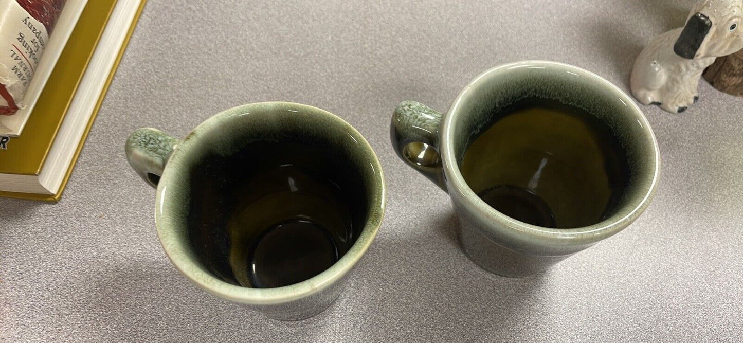 Mid-Century Mugs Pair Green Drip Glaze