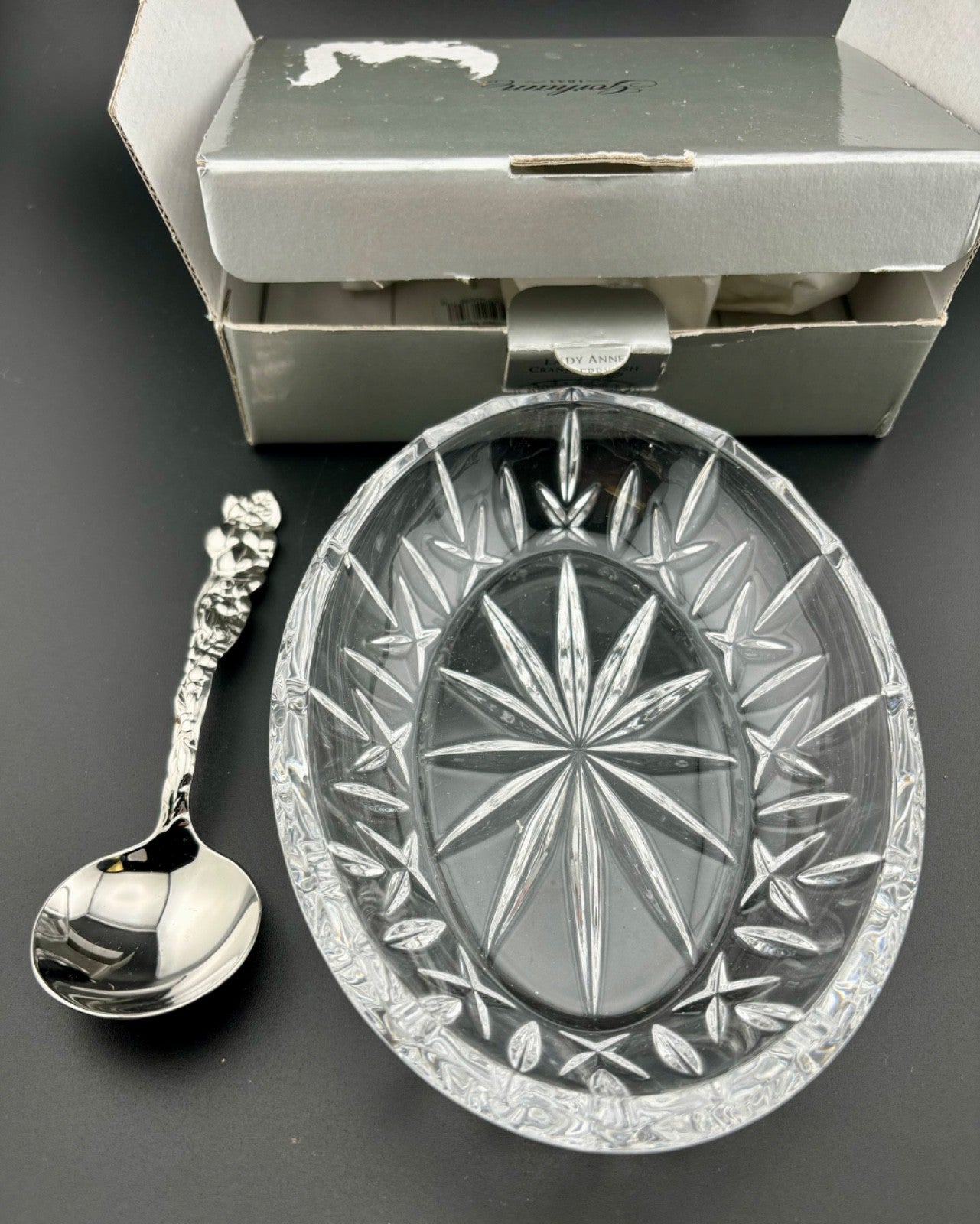 NWB Vintage Gorham Czech Lady Anne Cranberry Dish & Serving Spoon Lead Crystal