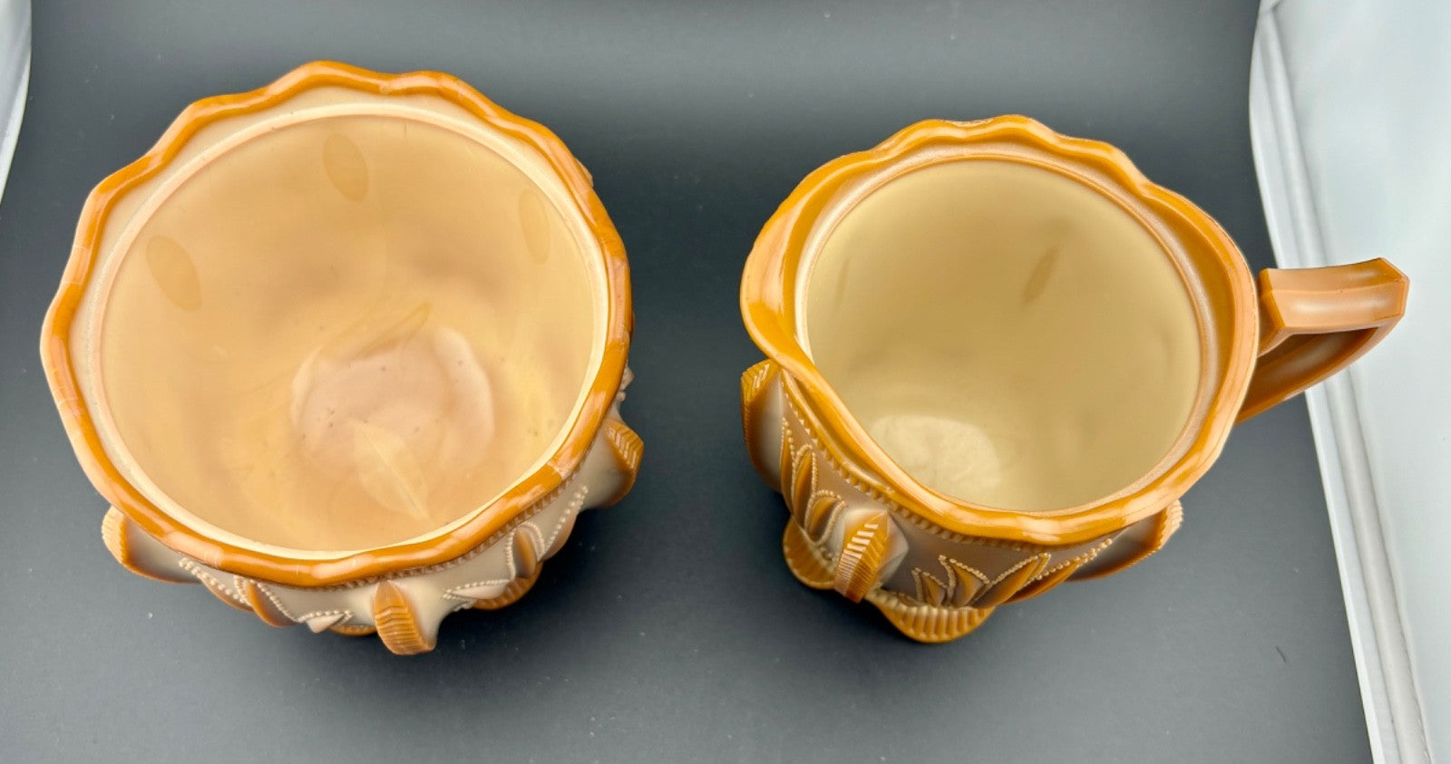 Greentown Chocolate Slag Glass Cactus Open Sugar and Creamer