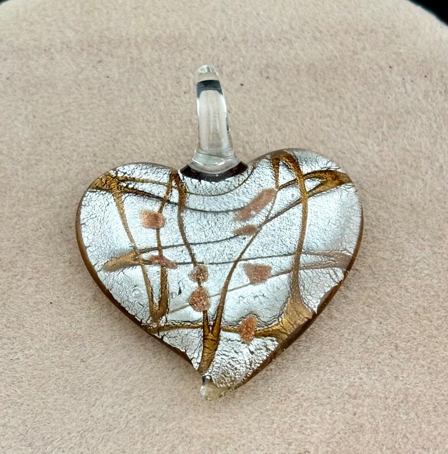 Silver Copper Dichroic Art Glass Heart Pendant 1 1/2 x 1 3/4"