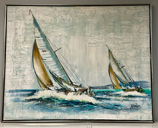 Large Vintage Sailboat Painting by Kenton 51.25" by 41.25"