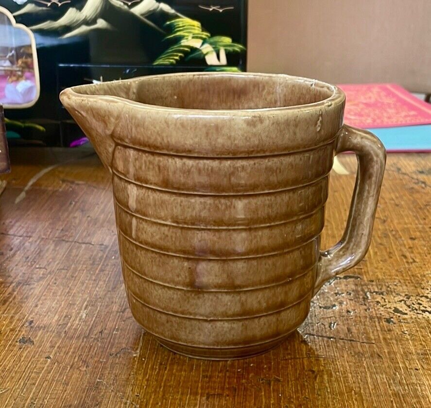 Vintage Pottery Brown Glaze Ribbed Water Milk Batter Pitcher USA