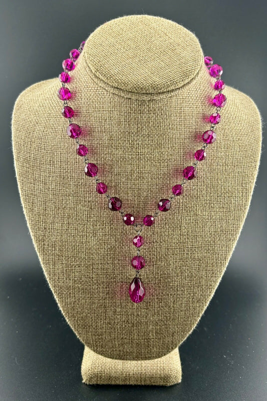 Pink Glass Faceted Y-Drop Necklace