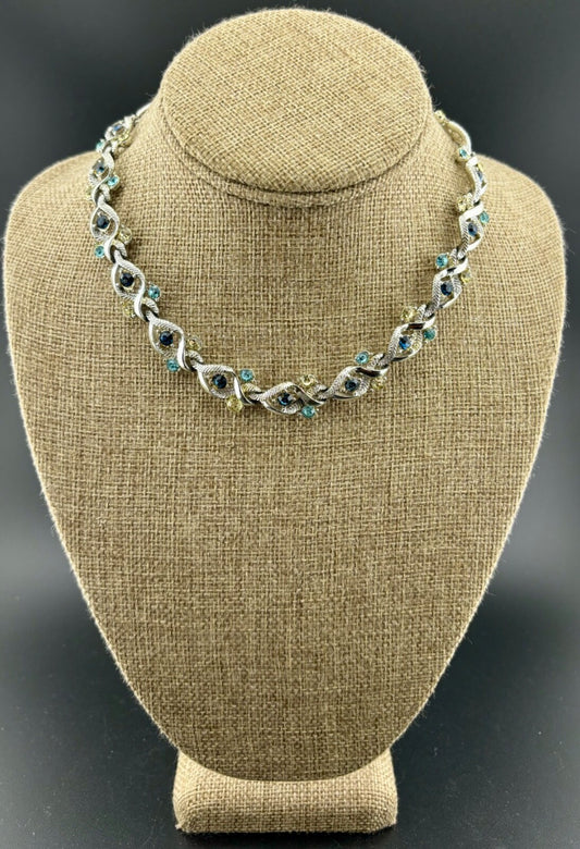 Vintage Coro Silver-Tone Blue and Yellow/Green Rhinestone Choker Necklace