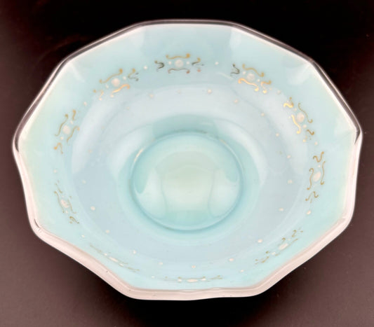 Victorian Cased Glass Bowl Blue Painted Decoration
