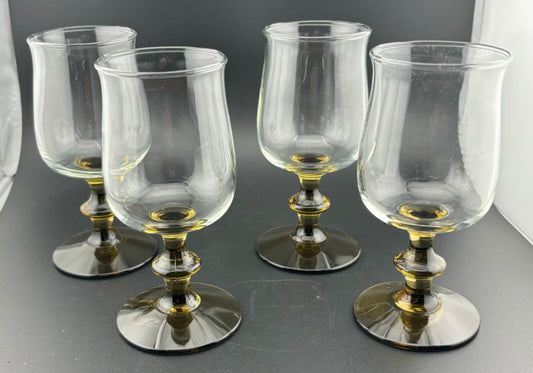 Vintage(4)  Libbey TWO-TONE TULIP Brown Wine Glasses Pedestal Knob Stems 5.75"