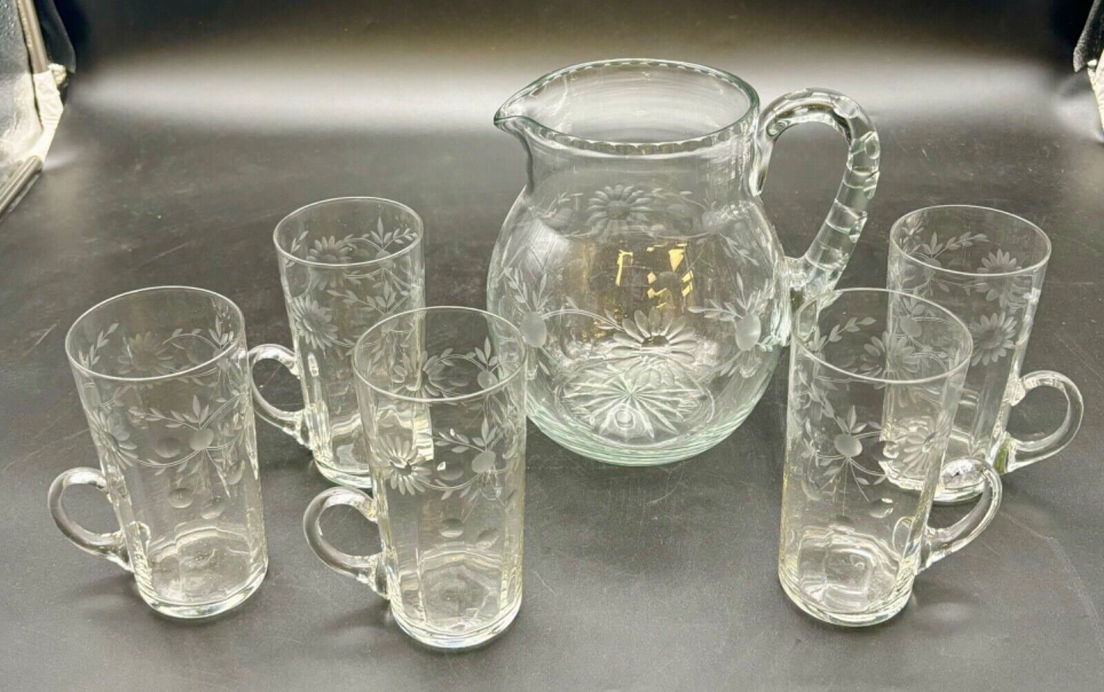 Antique Etched Clear Glass Pitcher and Glasses Set(6 pieces)