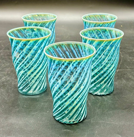 LOT of 5 Fostoria Opalescent Teal Blue Green Homespun Swirl Glasses MCM 4.75"