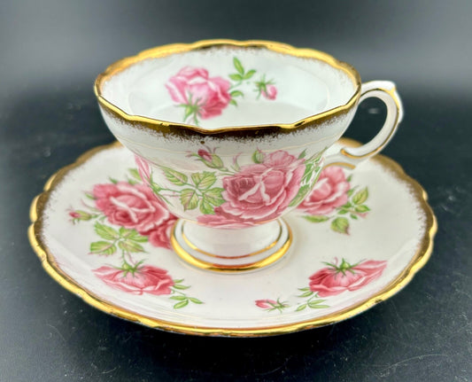 Rosina Bone China Pink Rose Floral Cup & Saucer Set Gold Accents