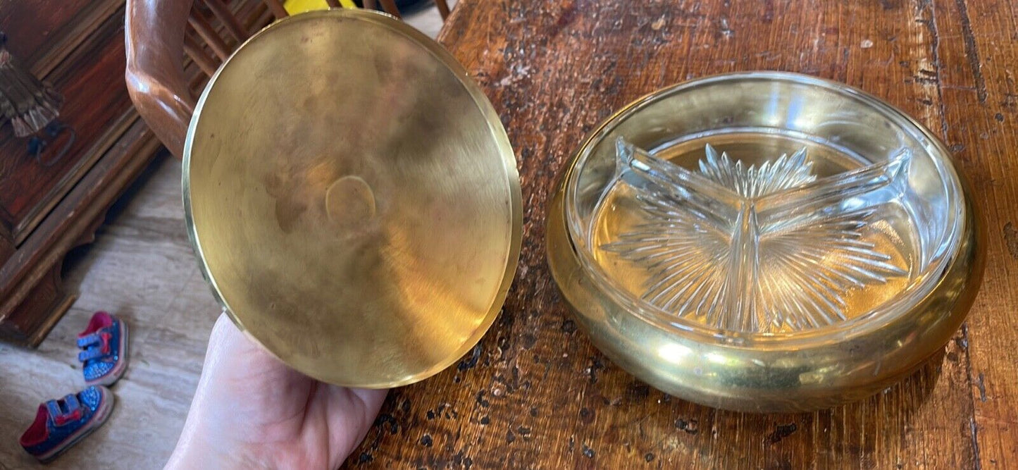 Vintage Lidded Brass Dish with Divided Glass Insert