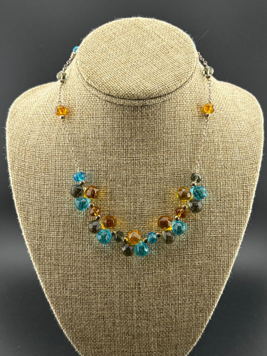 Silver Tone Amber/Blue/Gray Crystal Necklace NK