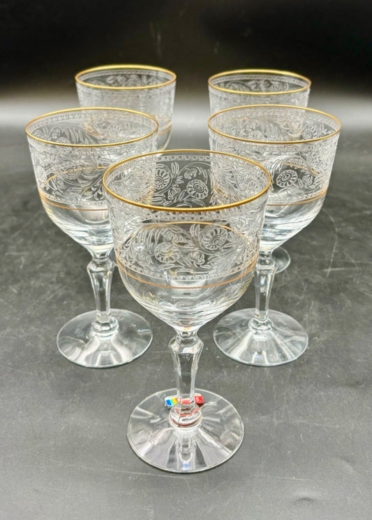 Fostoria Renaissance Crystal Water Goblets Gold Trim Lot Of 5
