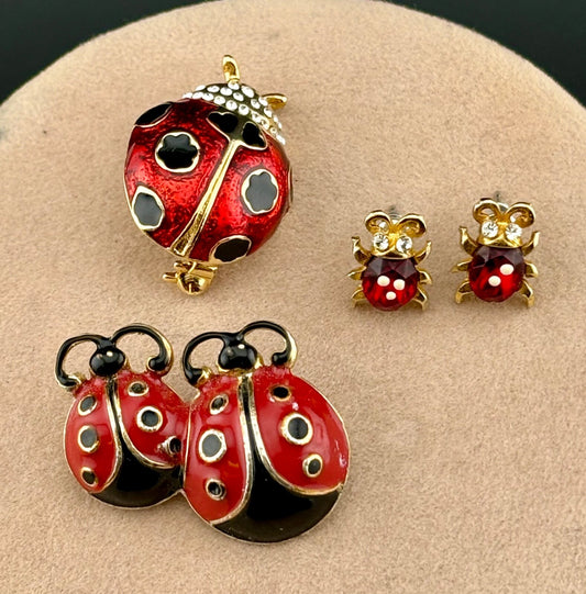 Vintage Rhinestone and Enamel Lady Bug Pins/Earrings NK