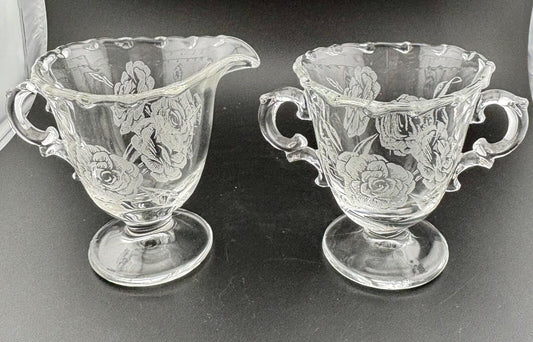 Vintage Fostoria Camelia Creamer And Sugar Etched Camellias