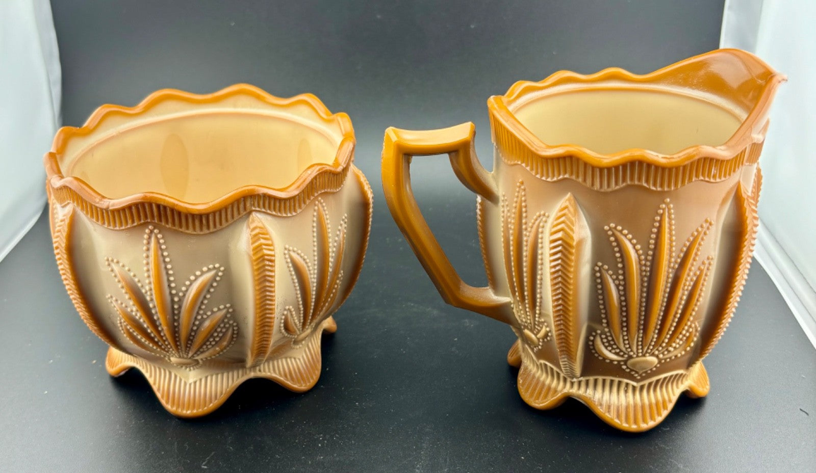 Greentown Chocolate Slag Glass Cactus Open Sugar and Creamer