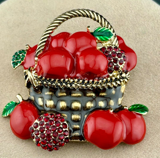 Basket Apples Brooch DANA BUCHMAN Gold Tone & Red Enamel Fruit Rhinestones NK