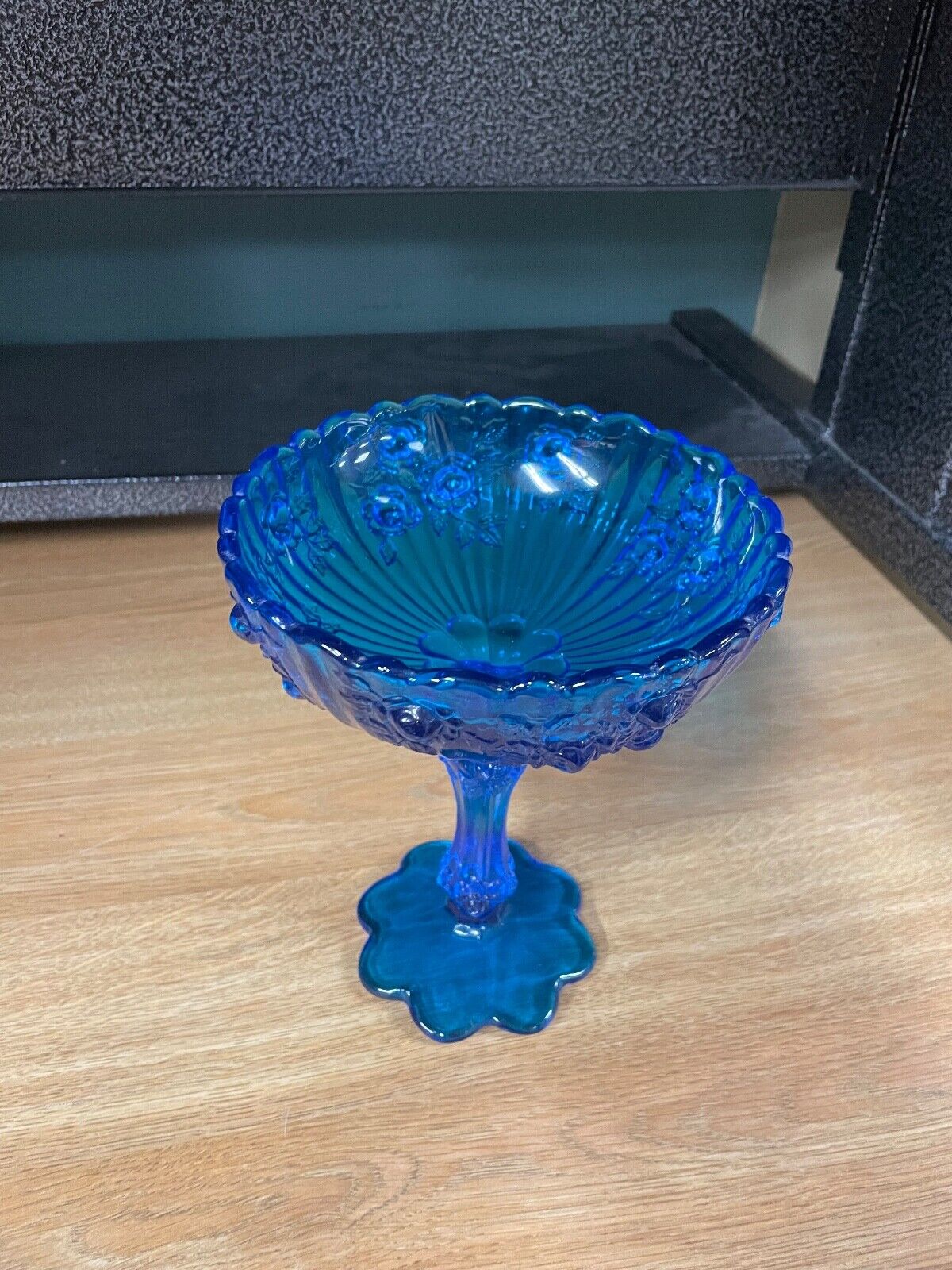 Vintage Fenton Cobalt Blue Compote Cabbage And Roses Pre Owned.